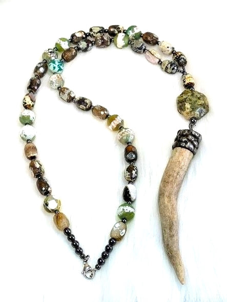 Jasper, Agate, and Gold Necklace. Beaded with Large Jasper Focals, Golden Spirals, Moss factory Agate Barrels, and Gold Spacers